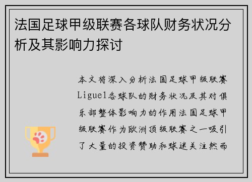 法国足球甲级联赛各球队财务状况分析及其影响力探讨