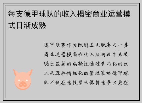 每支德甲球队的收入揭密商业运营模式日渐成熟