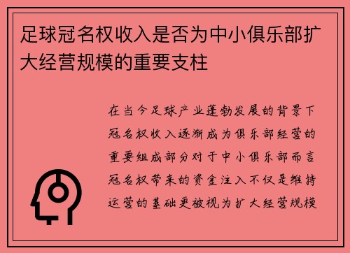 足球冠名权收入是否为中小俱乐部扩大经营规模的重要支柱
